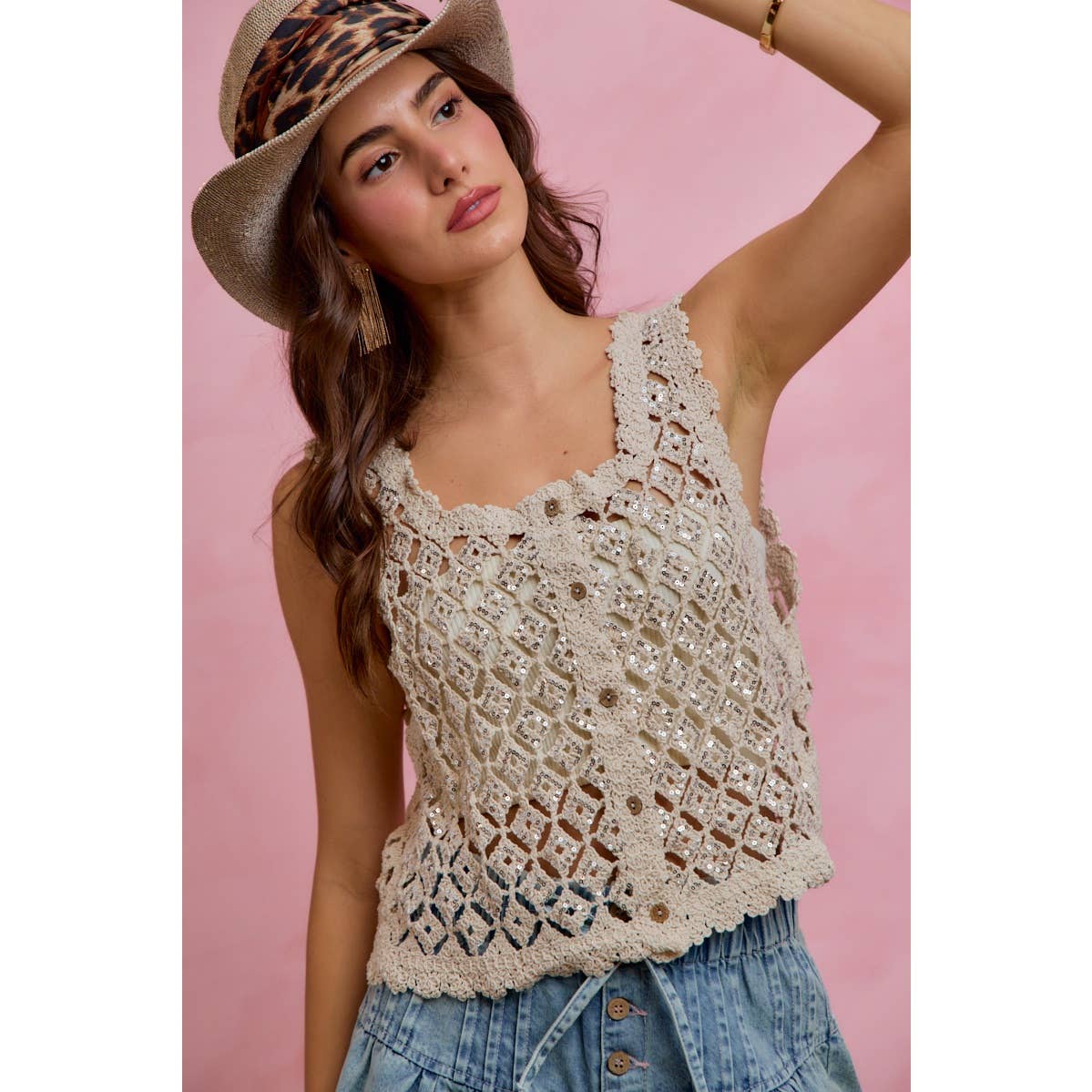 Sequin Diamond Crochet Lace Button-Down Vest Top