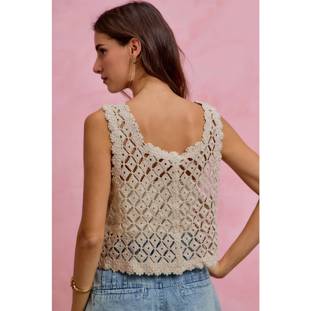 Sequin Diamond Crochet Lace Button-Down Vest Top