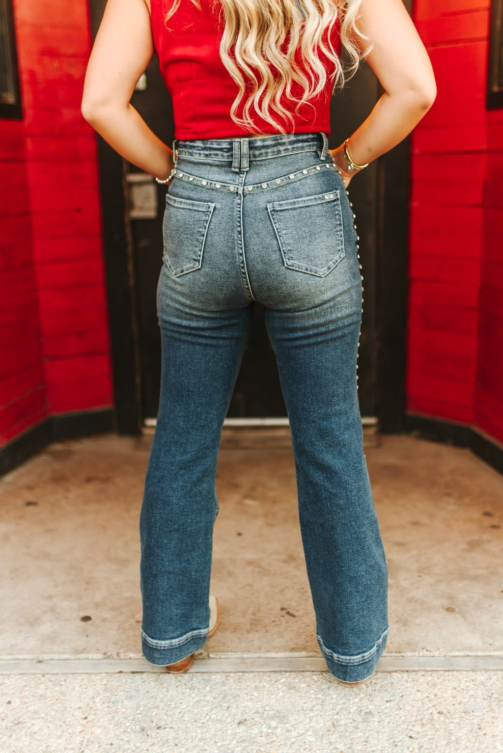 Rhinestone Studded High Rise Flare Jeans — Mid Wash | 31" Inseam