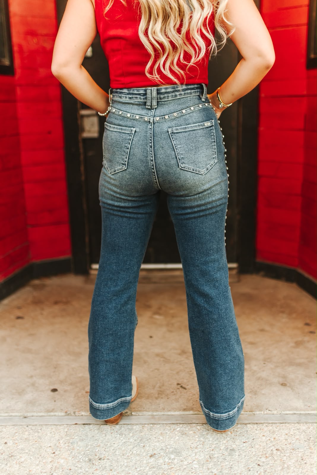 Rhinestone Studded High Rise Flare Jeans — Mid Wash | 31" Inseam