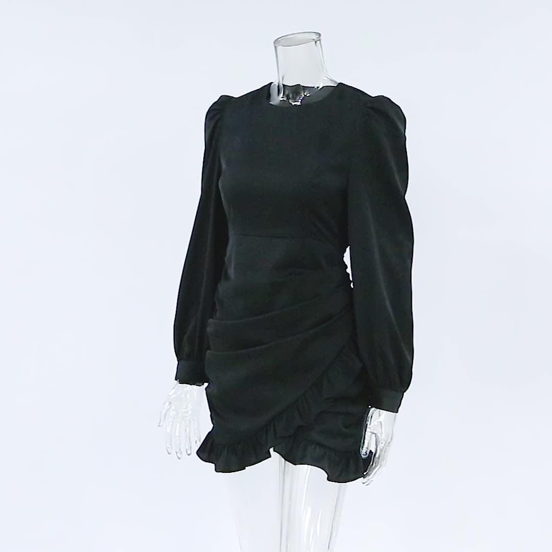 French Pleated Long Sleeved Little Black Dress Model Lbdplf