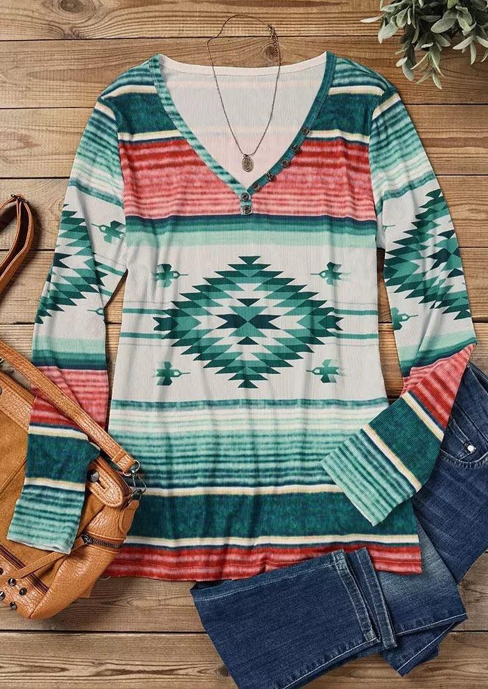 Tribal Roots V-Neck Pullover Long Sleeve Top With Boho Pattern