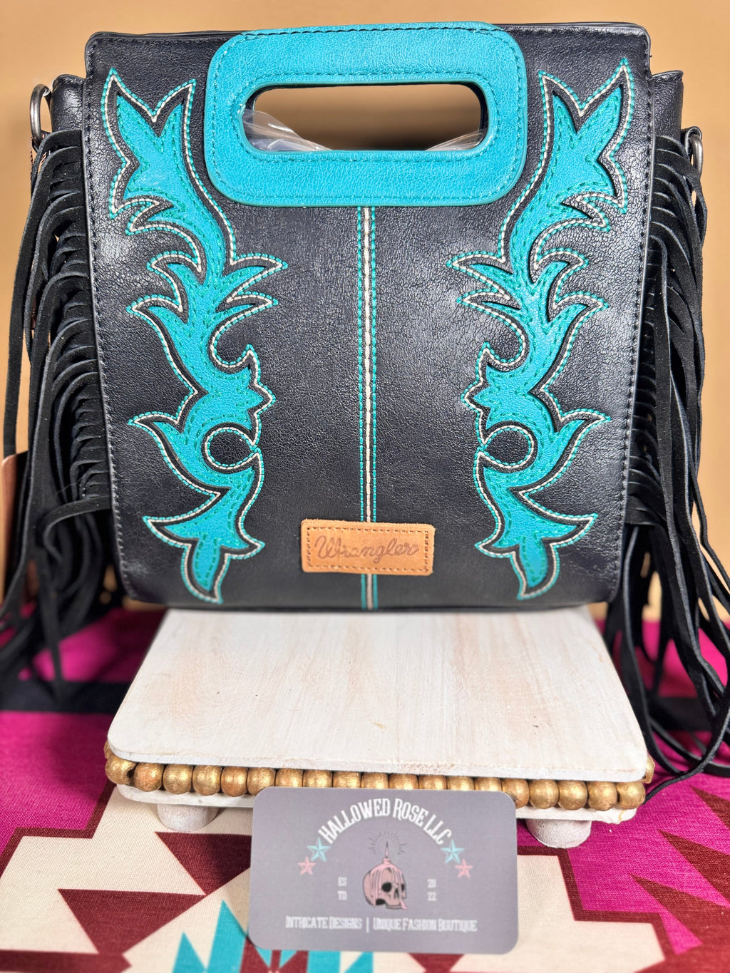 Wrangler Top Handle Boot Scroll Fringe Tote/Crossbody -Black
