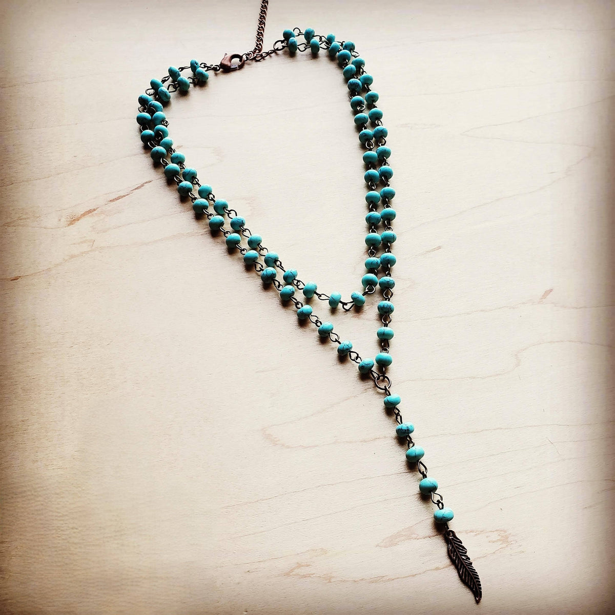 Double Strand Lariat Blue Turquoise Necklace w/ Copper Feather