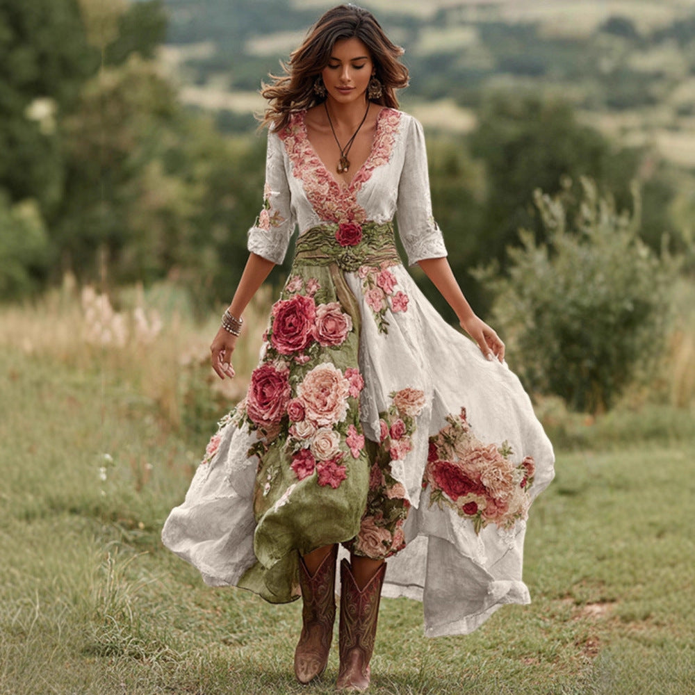 Womens Stylish And Elegant Floral Long-sleeve Dress