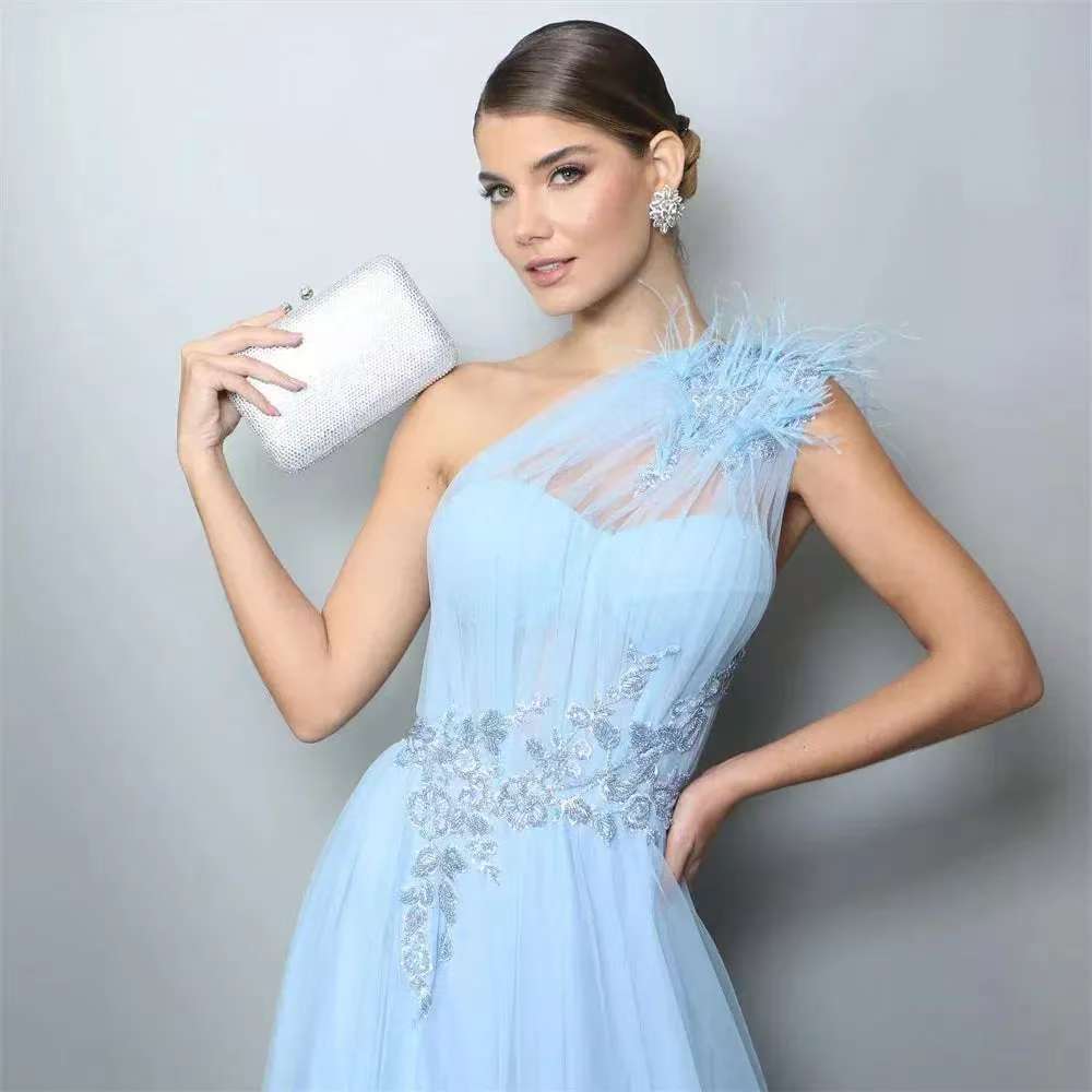 Blue One-shoulder Feather Derby Dress