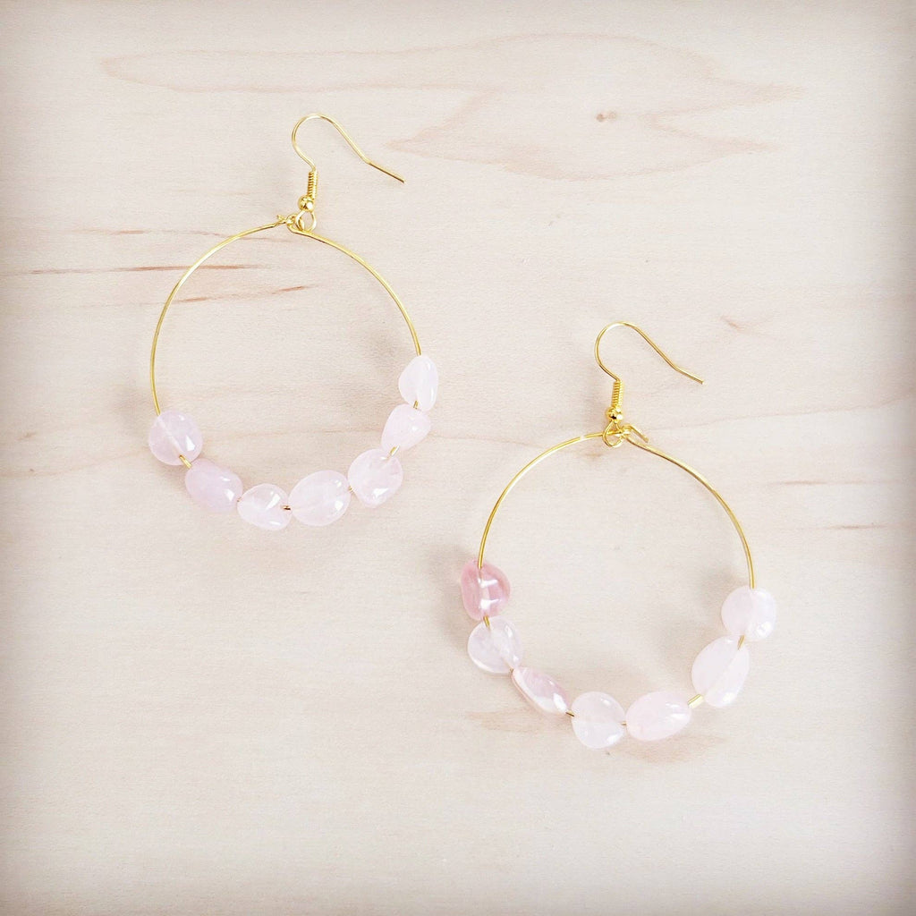Beaded Hoop Earrings- Genuine Natural Rose Quartz Stones