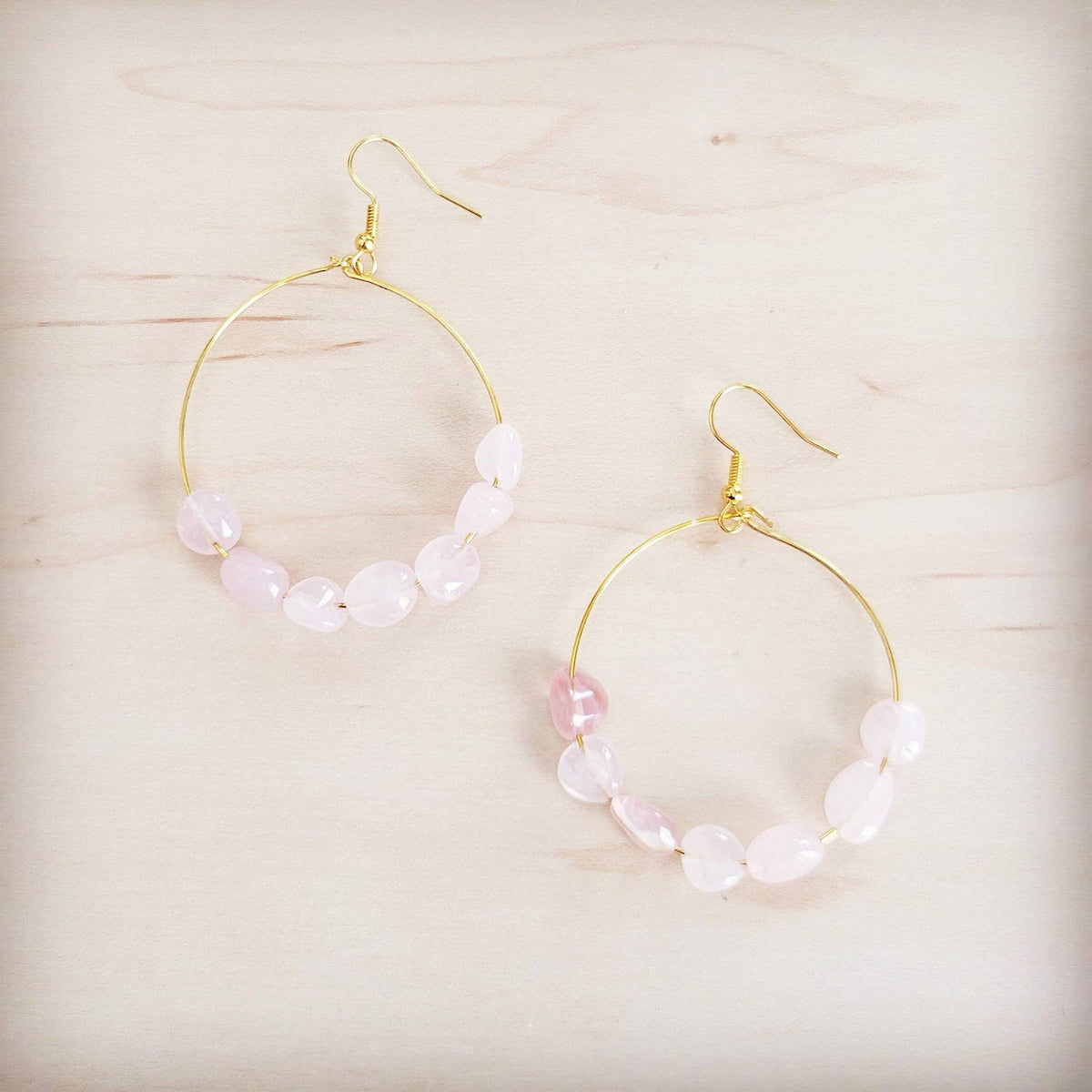 Beaded Hoop Earrings- Genuine Natural Rose Quartz Stones
