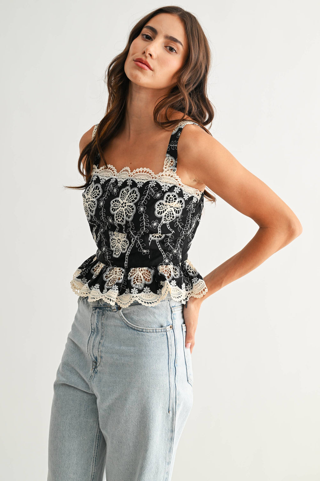 Floral Lace Embroidered Peplum Top