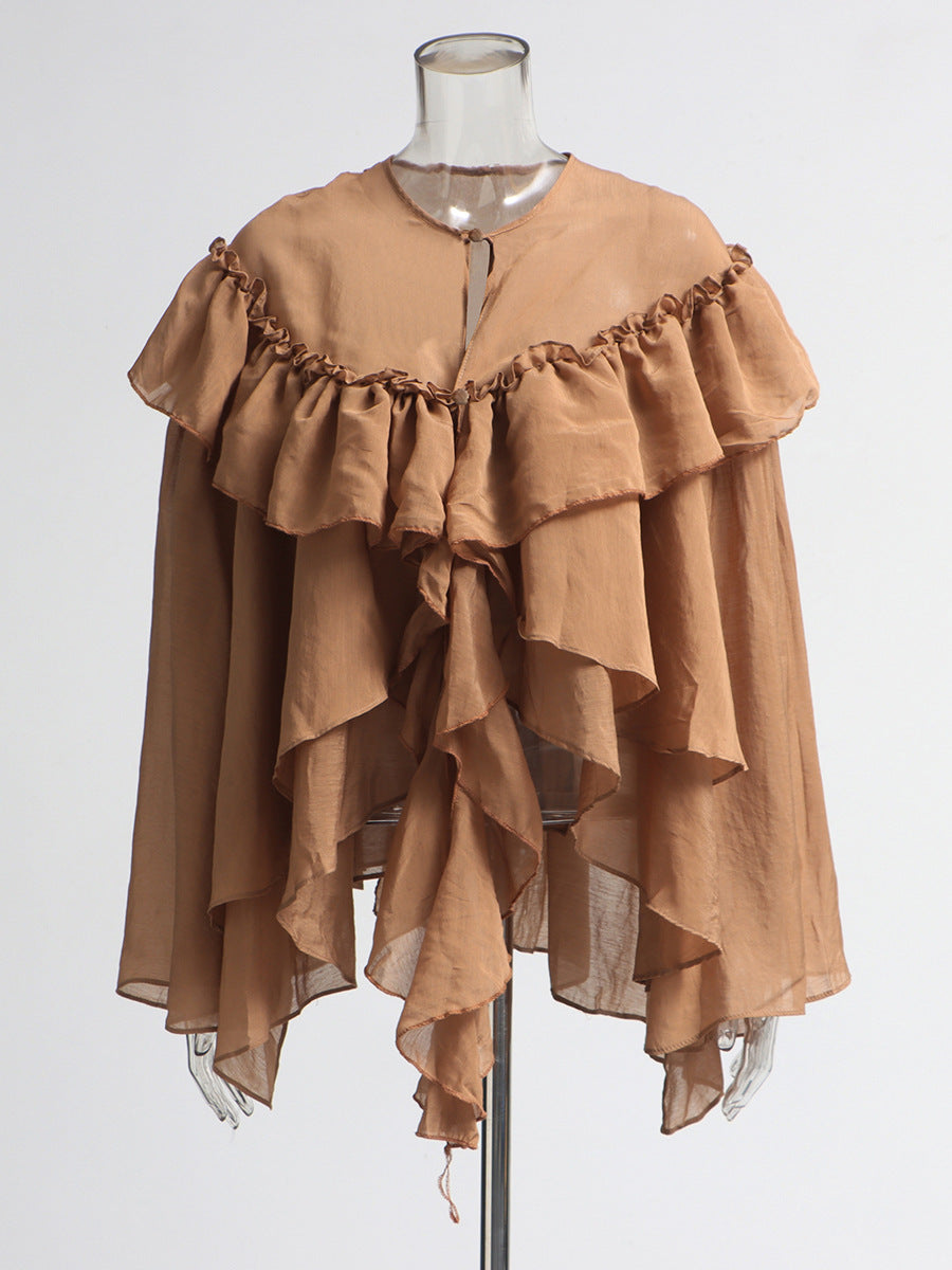 Womens Coffee Lotus Leaf Long Sleeve Ruffle Collar Top