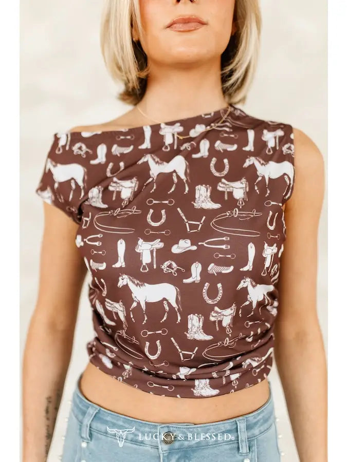 Western Icon Print Top — Brown Fitted Sleeveless Stretch Cowgirl