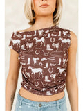 Western Icon Print Top — Brown Fitted Sleeveless Stretch Cowgirl