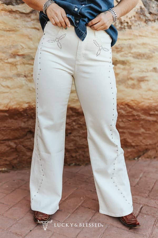 Ivory Western Vintage Studded HighRise Wide Leg Jeans