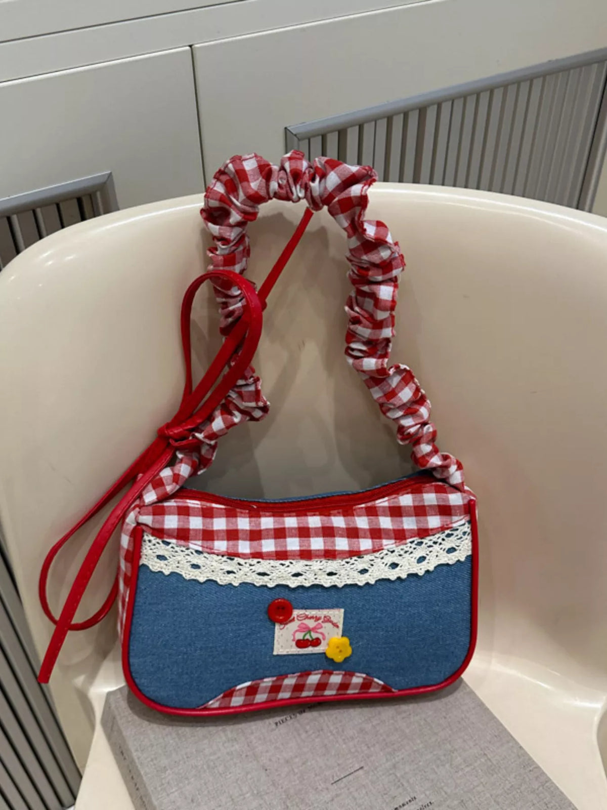 Cherry Plaid Strap Crossbody Bag