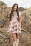 Checkered Puff Sleeve Back Keyhole Smocked Dress