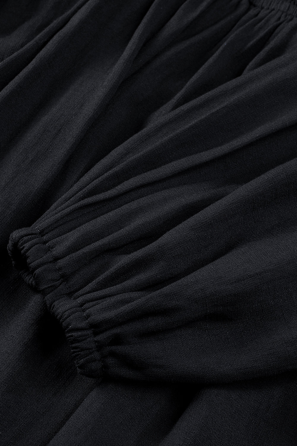 Black Solid Color Long Sleeve Shirred Drawstring Ruffle Mini Dress