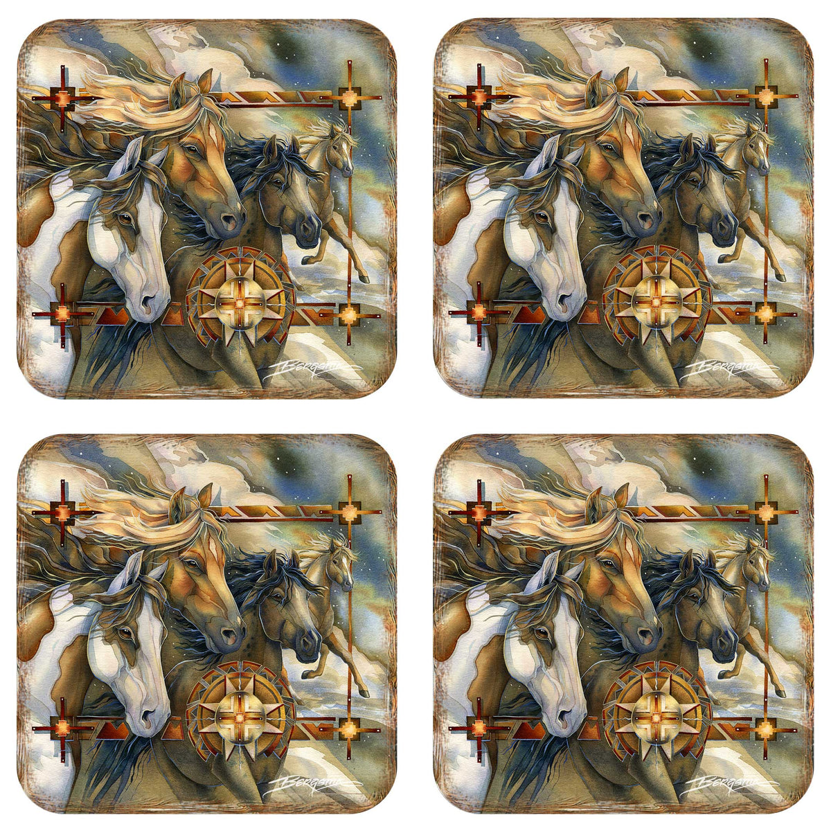 Wild Horses Wooden Cork Coasters Gift Set of 4 by J. Bergsma - Wildlife Décor  - 8199474C-S4