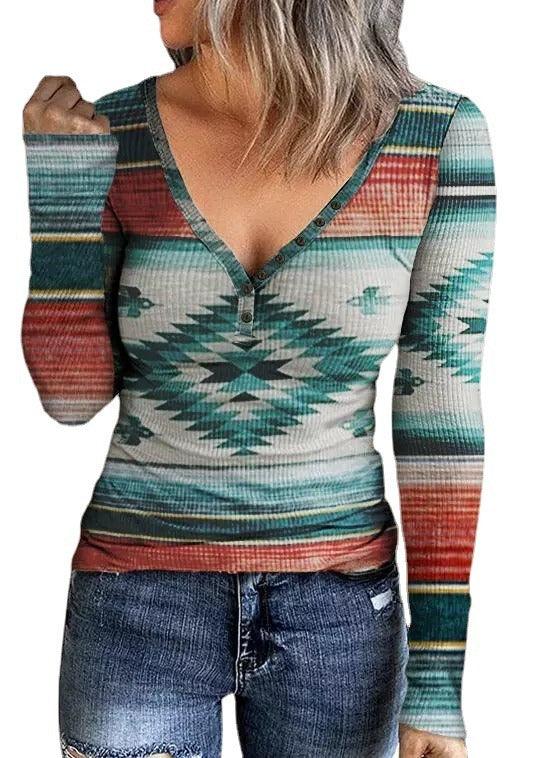 Tribal Roots V-Neck Pullover Long Sleeve Top With Boho Pattern