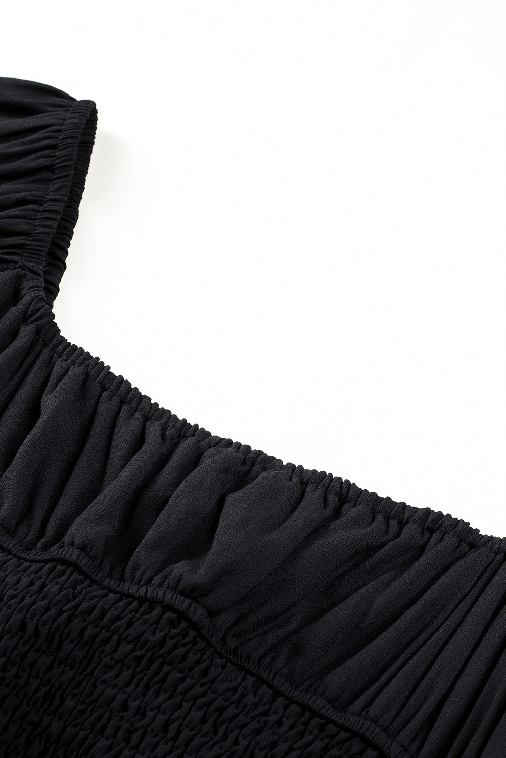 Black Solid Color Long Sleeve Shirred Drawstring Ruffle Mini Dress