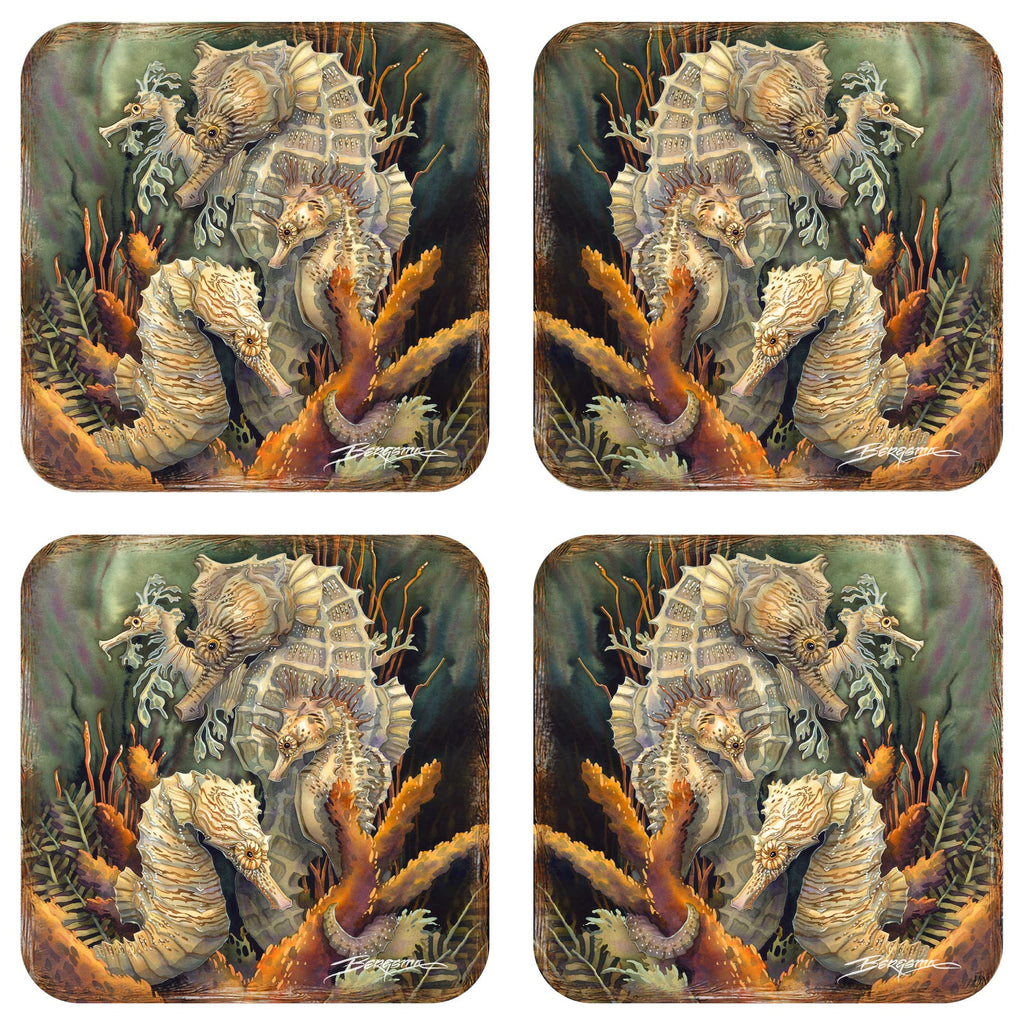 Seahorse Family Wooden Cork Coasters Gift Set of 4 by J. Bergsma - Coastal Decor  - 8199454C-S4