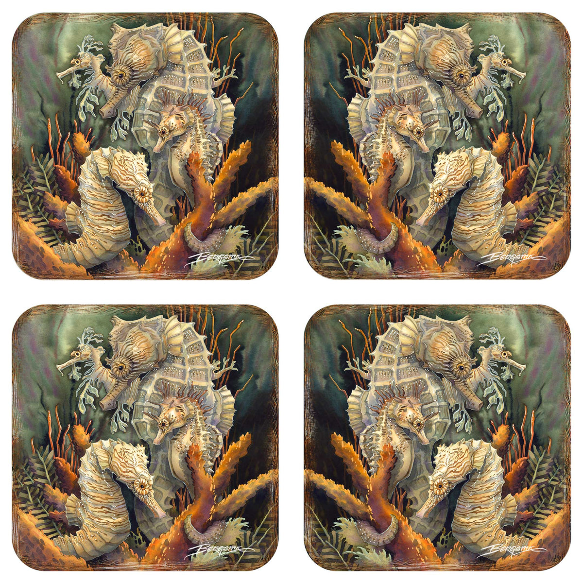 Seahorse Family Wooden Cork Coasters Gift Set of 4 by J. Bergsma - Coastal Decor  - 8199454C-S4
