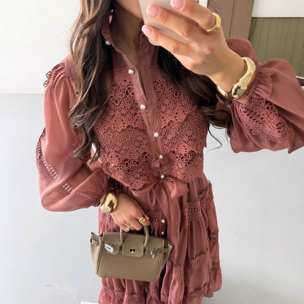 Long-sleeve Hollow-out Mesh Patchwork Dress With Lantern Sleeves Country Boho