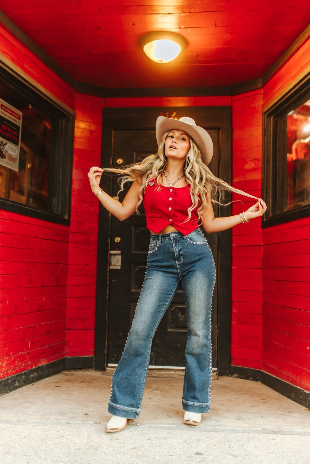 Rhinestone Studded High Rise Flare Jeans — Mid Wash | 31" Inseam
