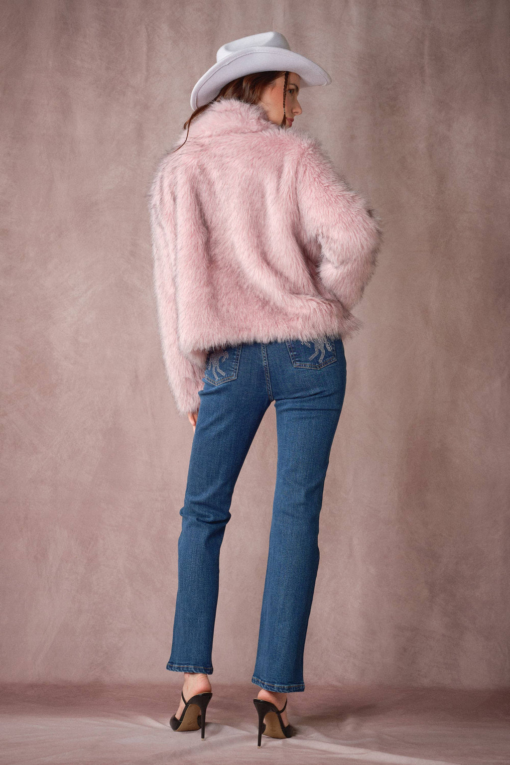Two-Tone Faux Fur Hook & Eye Coat in Blush Pink
