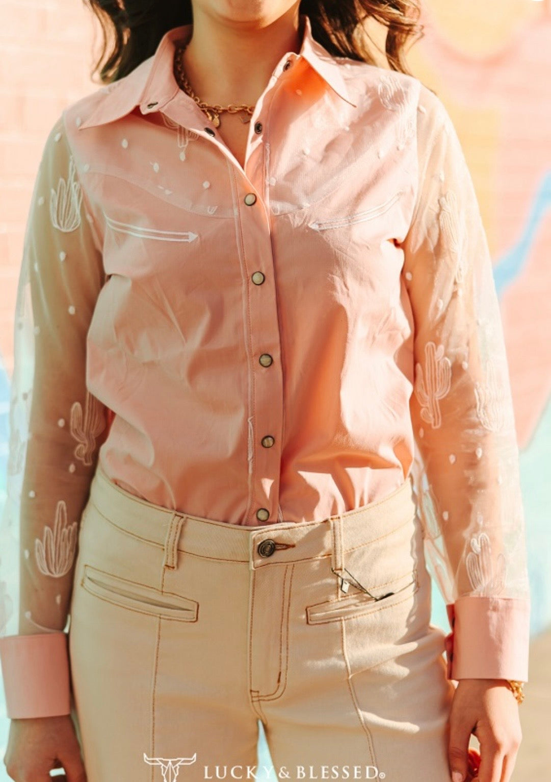 PEACH PEARL SNAP BUTTON DOWN CACTUS MESH LONG SLEEVE TOP