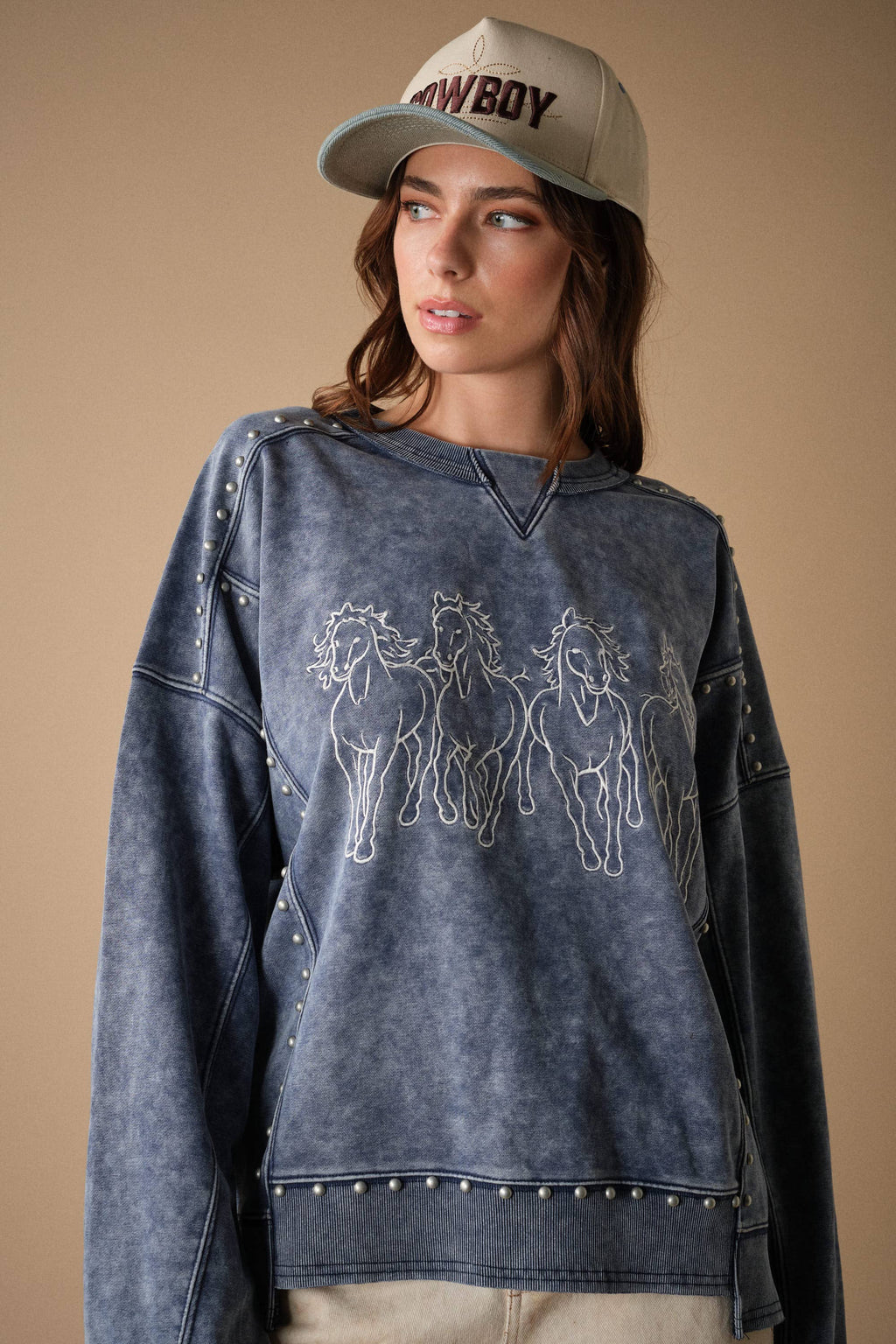 Horse Embroidery Stud Sweatshirt