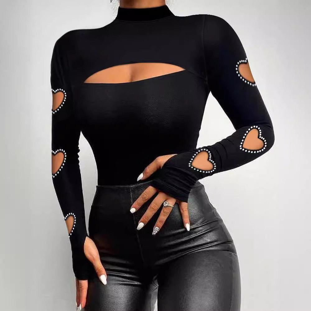 Sexy Country Chic Heart Cutout Beaded Long Sleeve Top For Women Model HCBLS