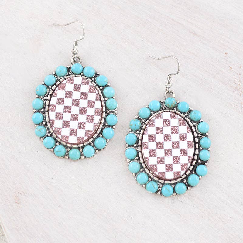 Checkered Concho Earrings: Turquoise/Silver