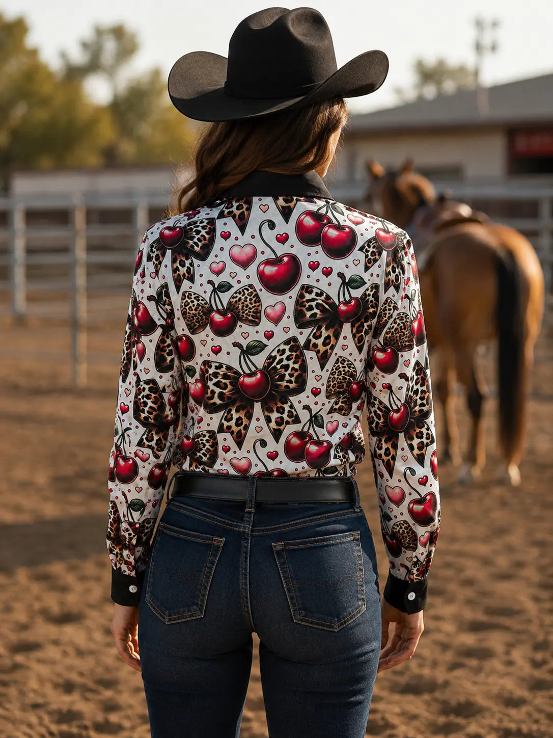 Cherry Bomb Stain Resistant Button Up Rodeo Shirt Blouse