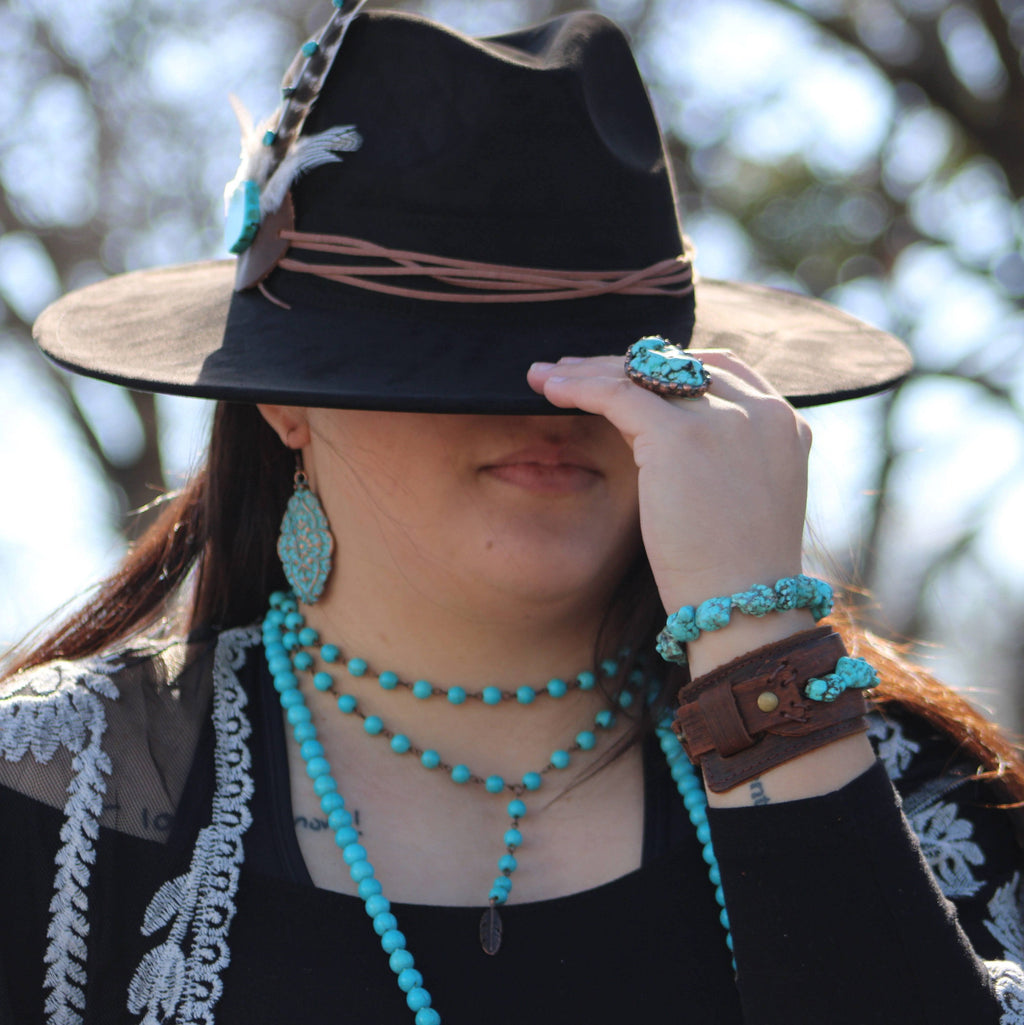 Double Strand Lariat Blue Turquoise Necklace w/ Copper Feather