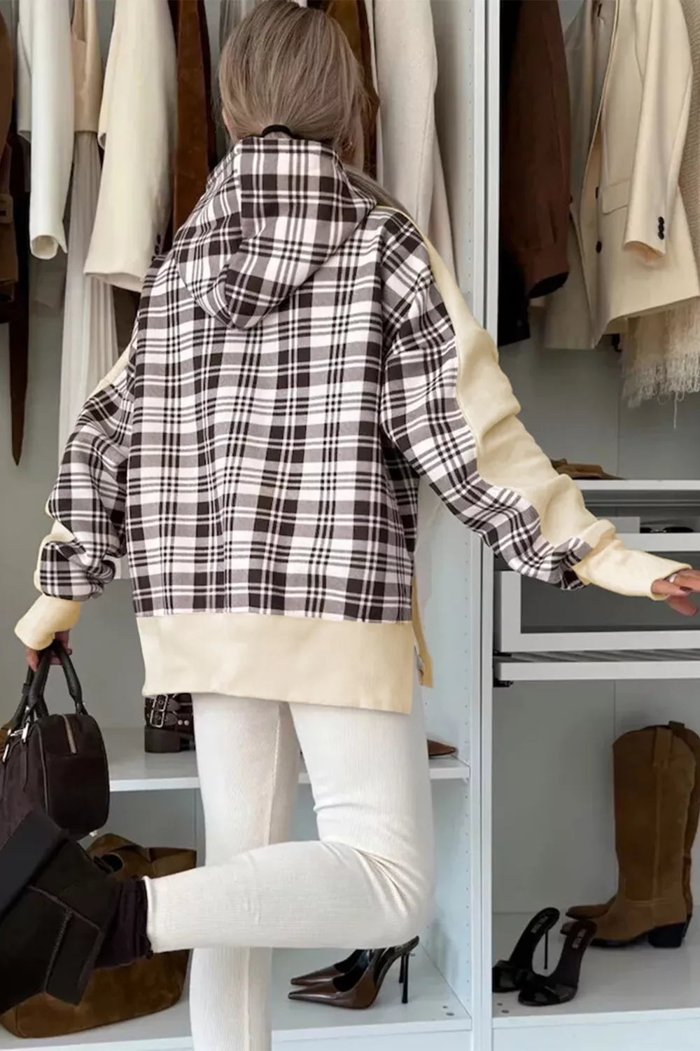 Plaid Side Slit Long Sleeve Hoodie
