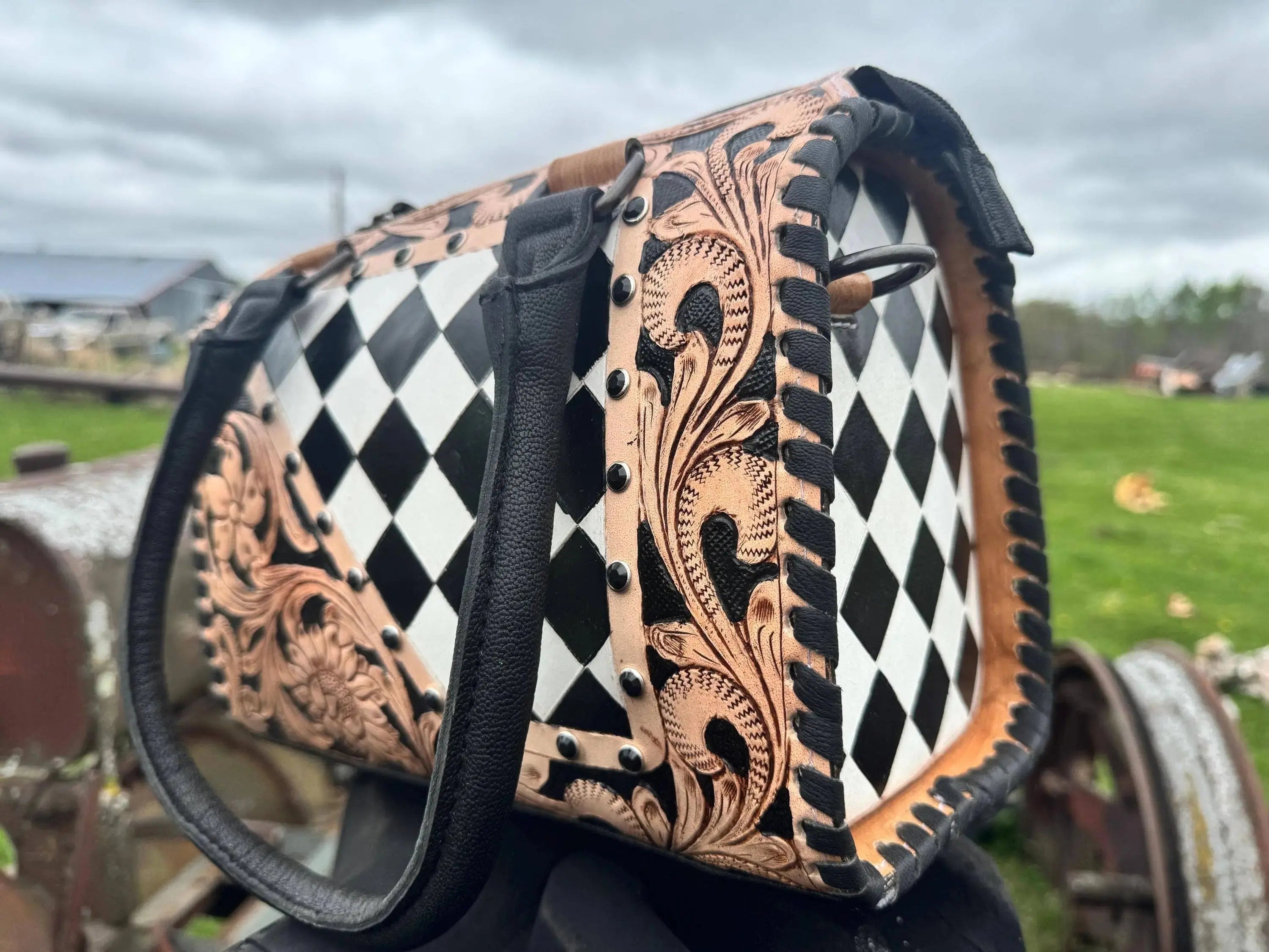 Luxe Tooled Leather Midnight Rhinestone Stud Checkered Speedy Bag