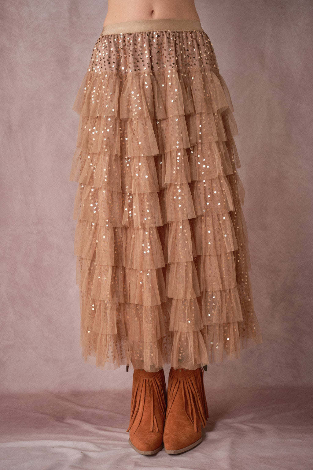 Sequin Tiered Mesh Maxi Skirt
