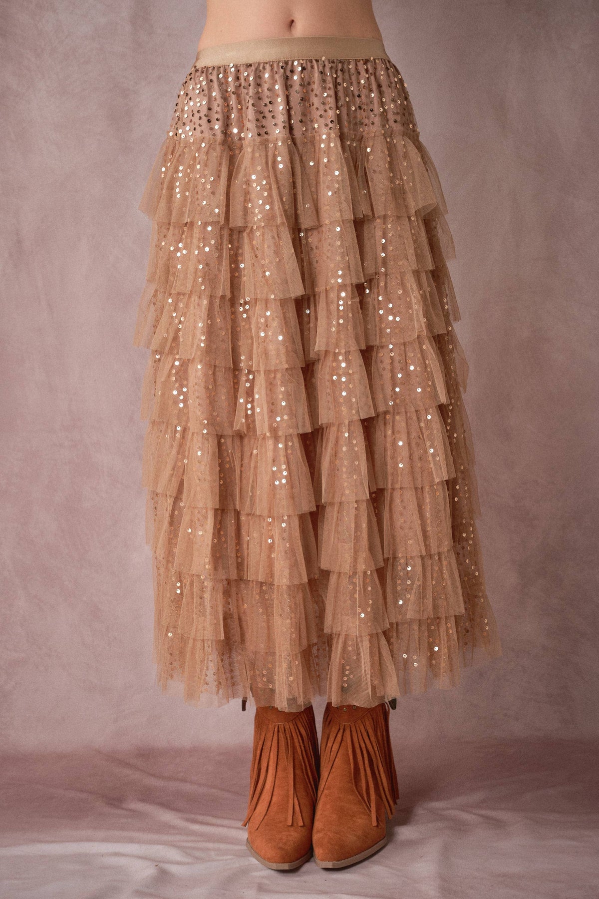 Sequin Tiered Mesh Maxi Skirt