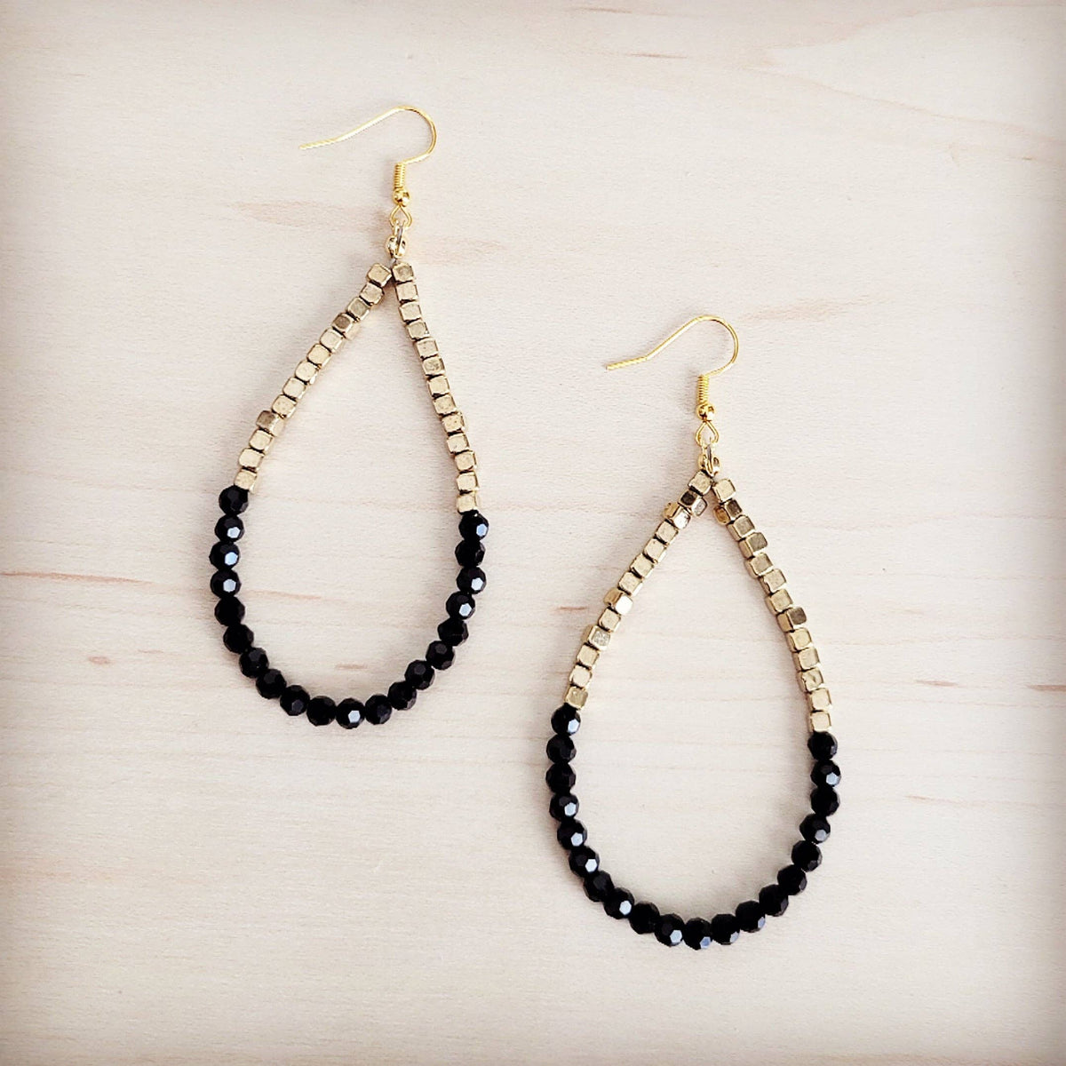 Black Onyx & Gilded Teardrop Hoop Earrings