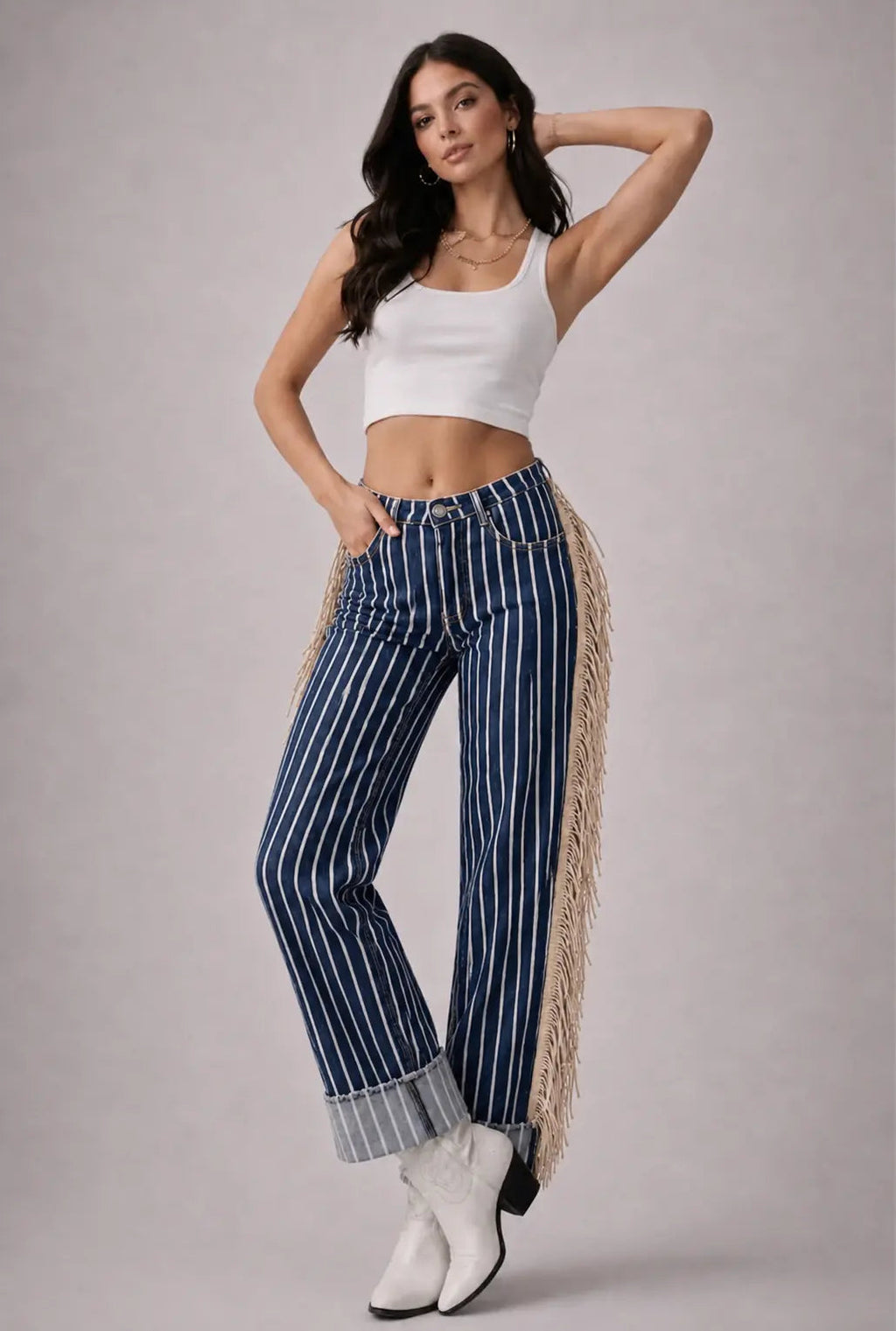 Desert Drifter Striped Wide Leg Cuffed Fringe Denim Jeans