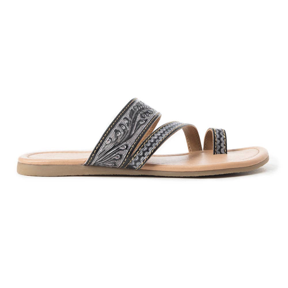 Rangeland Embossed Floral Toe-Loop Leather Sandals – Black