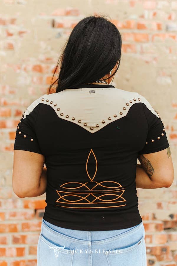 Black Studded Western Yoke Short Sleeve Top