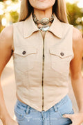 Sand Stretch Suede Zip Up Pocket Collared Peak Top