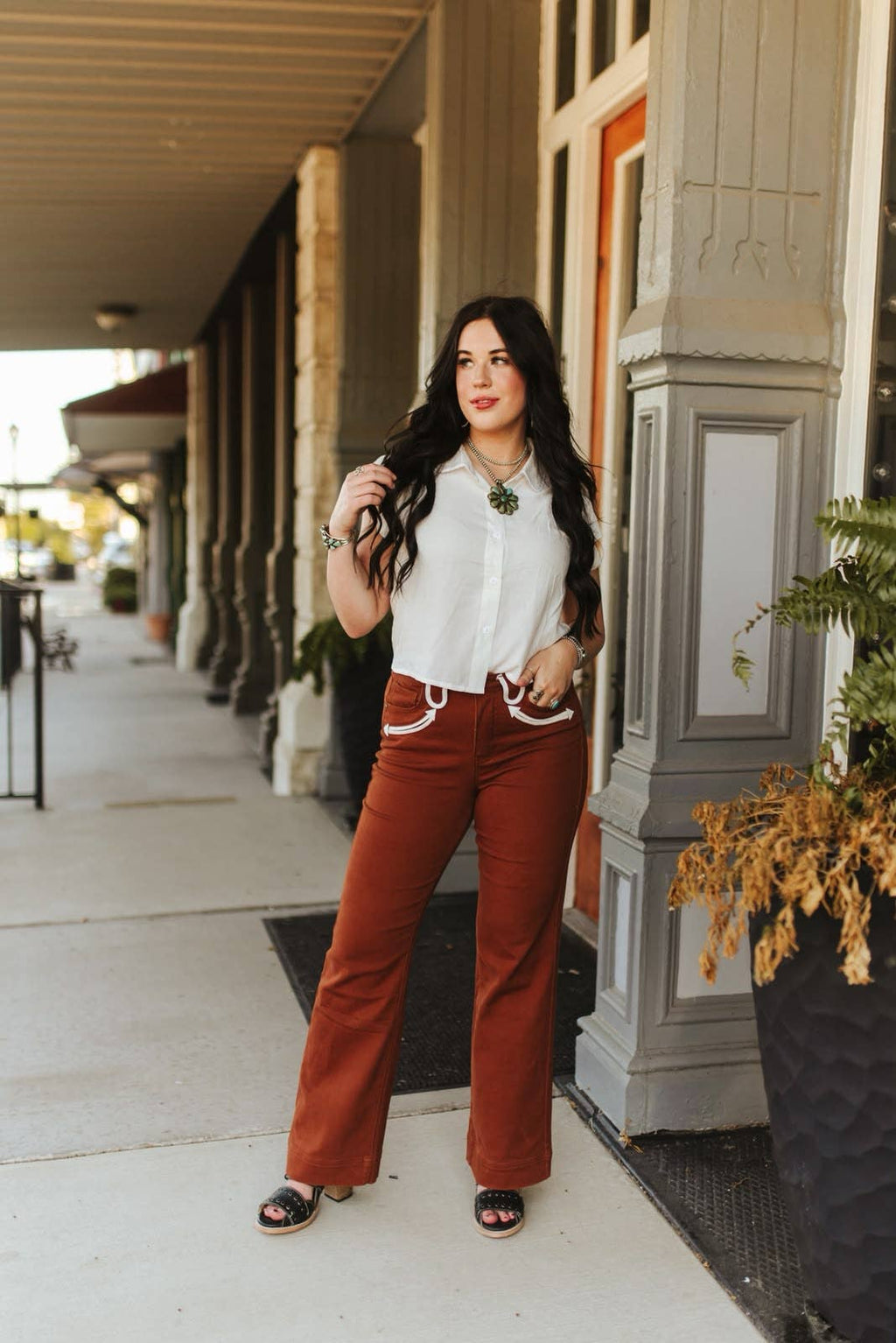 Camel Stretch Denim Western Arrow Wide Leg Jeans