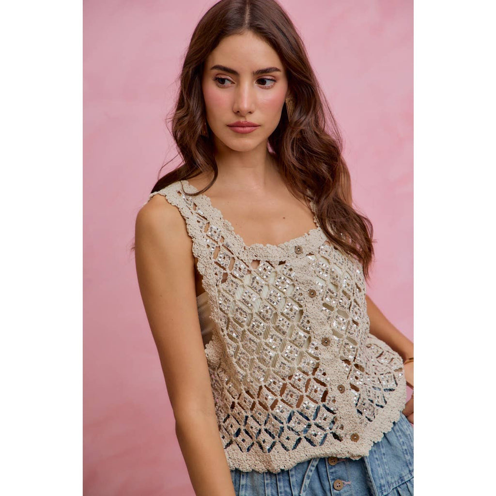 Sequin Diamond Crochet Lace Button-Down Vest Top