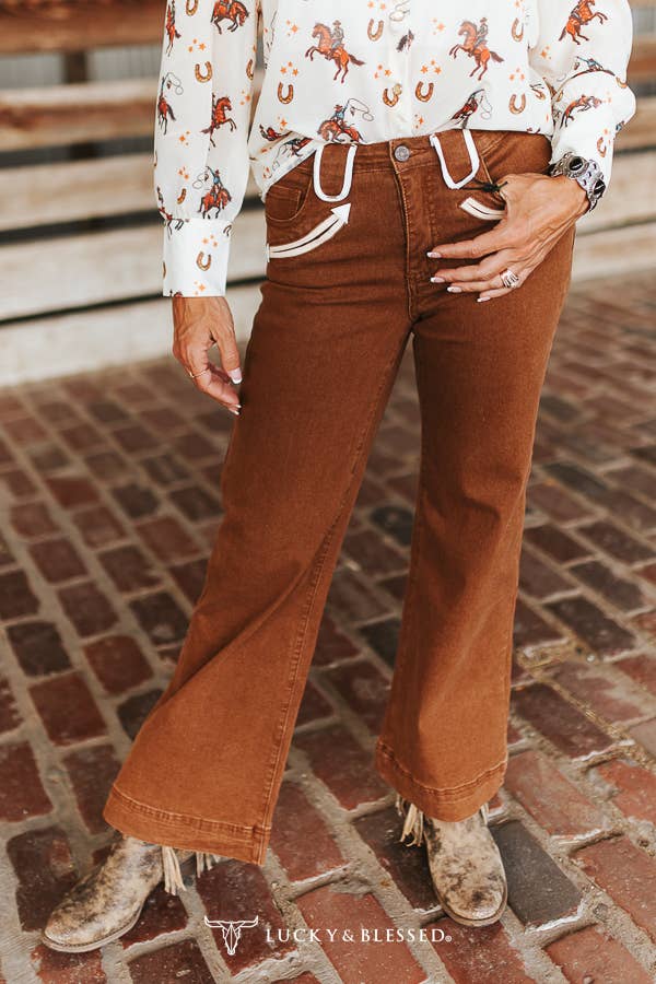 Camel Stretch Denim Western Arrow Wide Leg Jeans