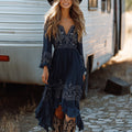 Denim Floral Print Lace-Up Vintage Dress