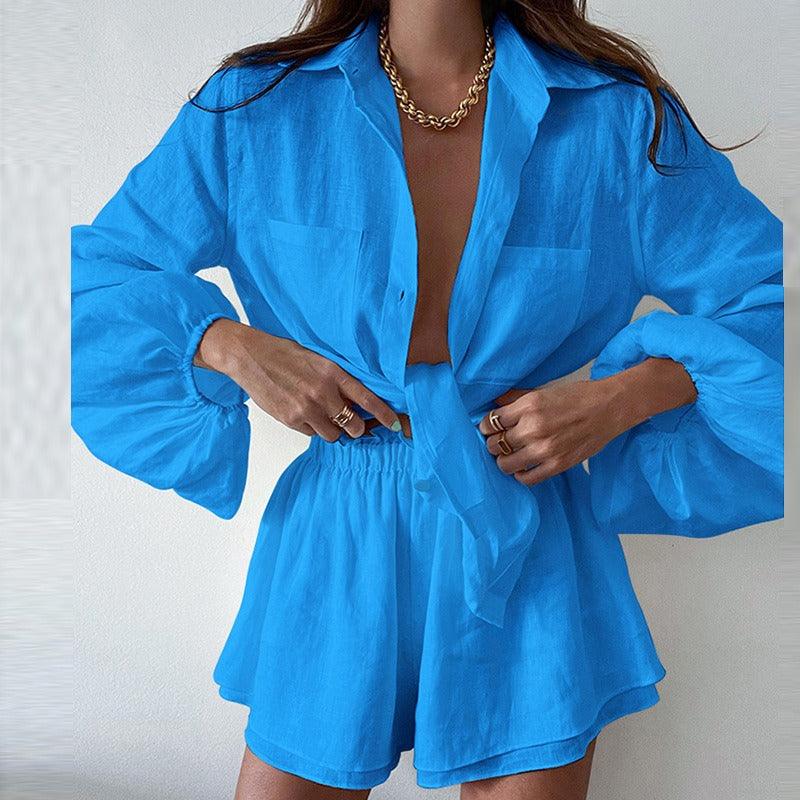 Country Girl Casual Ruffled Edge Shorts Shirt Set Two Piece For Spring Summer