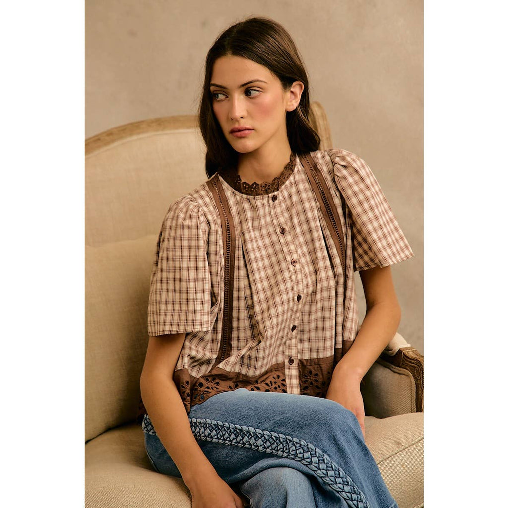 CHECK LACE TRIM FLUTTER SLEEVES BLOUSE TOP