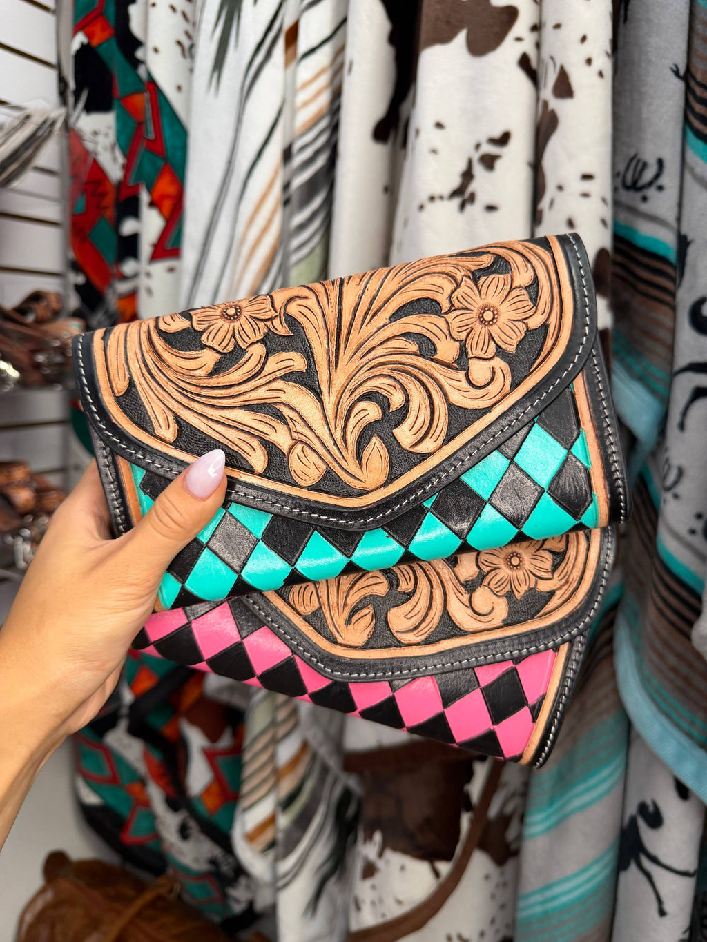 Checkered Tooled Leather Western Clutch Wallet & Wristlet